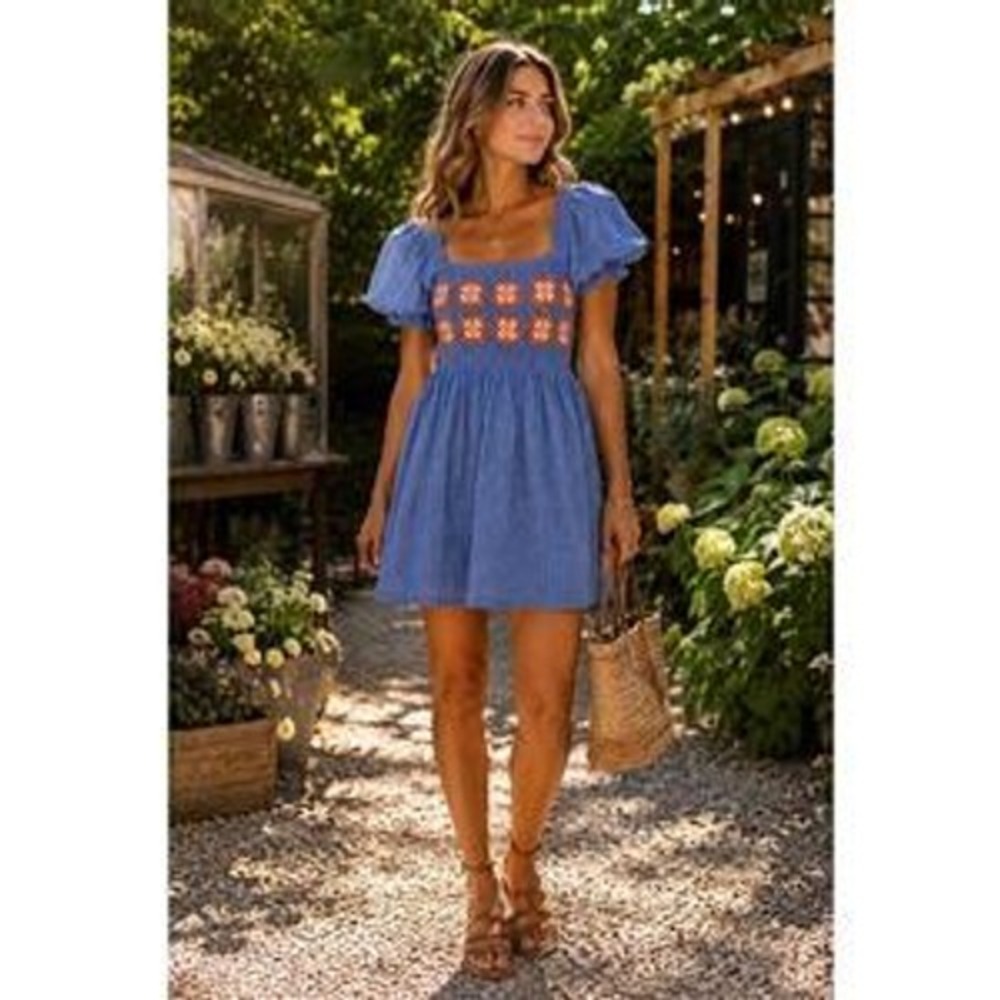 Karlie Blue Cotton Eyelet Crochet Granny Square Puff Sleeve Mini Dress S Cottage